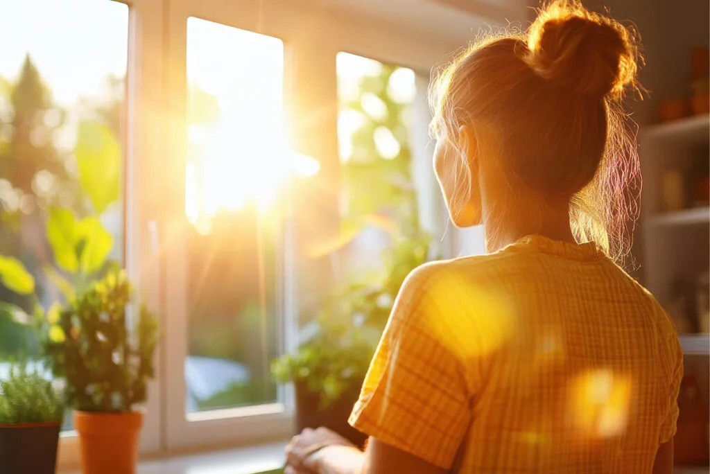 Woman standing at her kitchen sink gazing out the window into a sunlit garden, reflecting on life and relationships