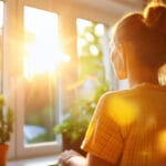 Woman standing at her kitchen sink gazing out the window into a sunlit garden, reflecting on life and relationships