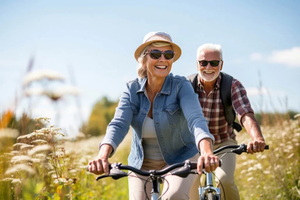 Couple riding bikes through a field of flowers, both smiling and enjoying each other’s company.