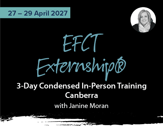Promotional graphic for the 3-day EFCT Externship in Canberra, 27–29 April 2027, offering 24 hours of hands-on learning for therapists in Emotionally Focused Couple Therapy (EFCT).